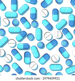 Medicines seamless pattern. Illustration with pills. Concurrency. Medicinal drugs. Pharmaceuticals. Ambulance. Pharmacy. Flat design. Vector