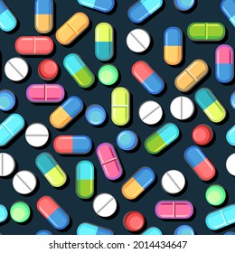 Patrón de los medicamentos sin fisuras. Ilustración con píldoras. Concurrencia. Medicamentos. Productos farmacéuticos. Ambulancia. Farmacia. Fondo oscuro. Diseño plano. Vector