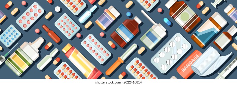 Medicines seamless pattern. Illustration with pills. Concurrency. Medicinal drugs. Pharmaceuticals. Ambulance. Pharmacy. Dark background. Flat design. Vector