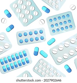 Medicines seamless pattern. Illustration with pills. Concurrency. Medicinal drugs. Pharmaceuticals. Ambulance. Pharmacy. Flat design. Vector