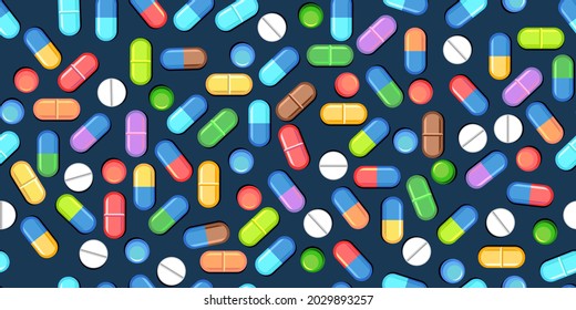 Medicines seamless pattern. Illustration with pills. Concurrency. Medicinal drugs. Pharmaceuticals. Ambulance. Pharmacy. Dark background. Flat design. Vector.