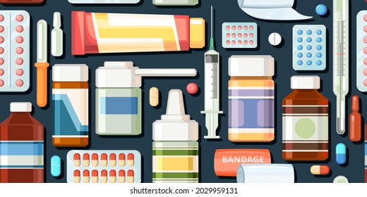 Medicines seamless pattern. Illustration with pills. Concurrency. Medicinal drugs. Pharmaceuticals. Ambulance. Pharmacy. Dark background. Flat design. Vector.