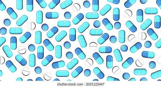 Medicines seamless pattern. Illustration with pills. Concurrency. Medicinal drugs. Pharmaceuticals. Ambulance. Pharmacy. Flat design. Vector.