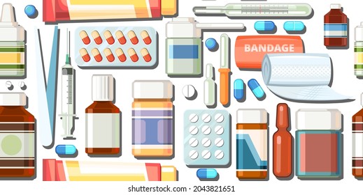 Medicines seamless pattern. Illustration with pills. Concurrency. Medicinal drugs. Pharmaceuticals. Ambulance. Pharmacy. Flat design. Vector.