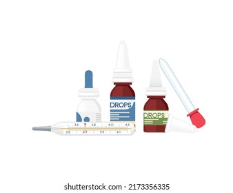 Medicines set with different drops and thermometer cold treatment vector illustration on white background