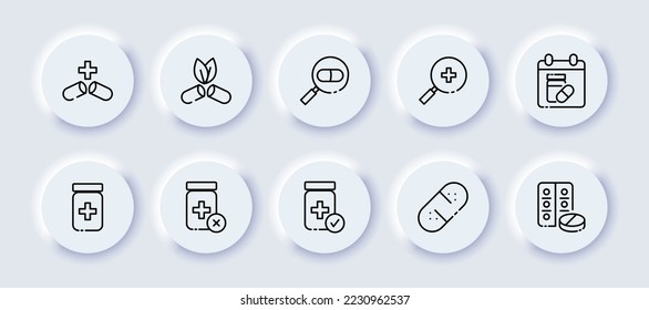 Medicines set icon. Cross, eco friendly, herbal, leaves, magnifier, pill schedule, jar, drug withdrawal, tick, patch, blister, band aid. Healthcare concept. Neomorphism style. Vector line icon.