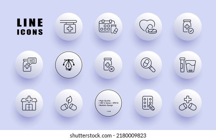 Medicines set icon. Drugstore signboard, schedule, calendar, heart, pills, prescription, magnifier, cross, leaf, eco. Healthcare concept. Neomorphism. Vector line icon for Business and Advertising.