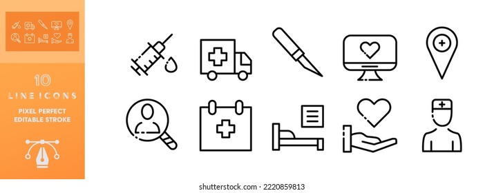 Medicines set icon. Medical treatment, prescription, treat, pills, heart, blister, schedule, scalpel, doctor, drugstore. Healthcare concept. Vector editable set icon on a white background for Business