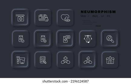 Medicines set icon. Pharmacy signboard, pill schedule, heart, calendar, magnifier, glass of water, effervescent tablet, leaf, hospital, prescription. Healthcare concept. Neomorphism. Vector line icon.