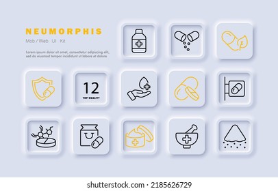 Medicines set icon. Pill, leaf, jar, shield, tablet, pharmacy signboard, formula, bag, cream, cross, mortar, pestle. Healthcare concept. Neomorphism. Vector line icon for Business and Advertising.