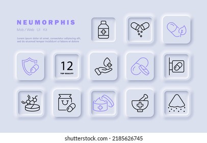 Medicines set icon. Pill, leaf, shield, immunity, hand, prescription, drugstore signboard, healing ointment, mortar, pestle, formula. Healthcare concept. Neomorphism. Vector line icon for Business.