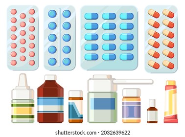 Medicines set. Illustration with bottles, spray, bandage, ointment. Medicinal drugs. Pharmaceuticals. Ambulance. Pharmacy. Isolated on white background. Flat design. Vector.