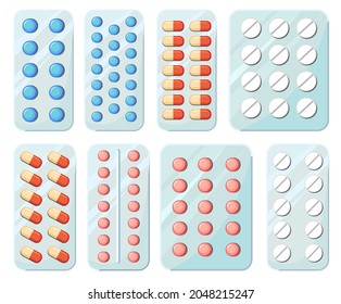 Medicines set. Illustration with pills. Concurrency. Medicinal drugs. Pharmaceuticals. Ambulance. Pharmacy. Isolated on white background. Flat design. Vector.