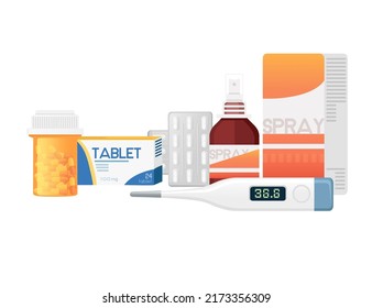 Medicines set with lozenge drops spray and thermometer cold treatment vector illustration on white background