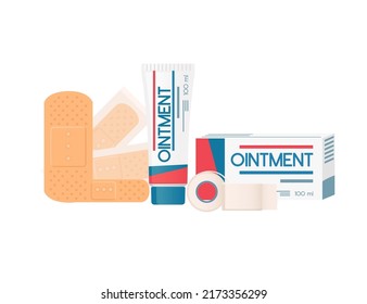 Medicines set with medical plaster and ointment pain treatment vector illustration on white background