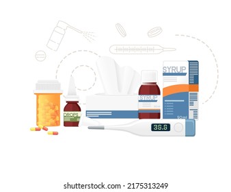 Medicines set with syrup lozenge drops and thermometer cold treatment vector illustration on white background