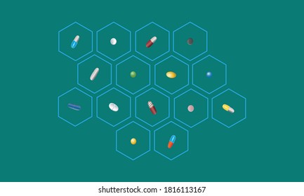 Medicines. Set of tablets of different shapes and different colors. Vector illustration of pills.