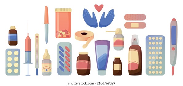 Medicines. A set of vector elements. Syringes, various thermometers, tablets, plasters