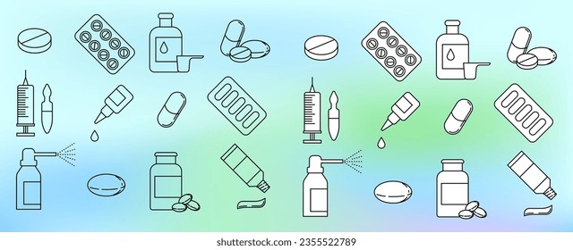 Medicines. Set of vector icons. Includes such tablets, gel, inhaler, similar drops and others.