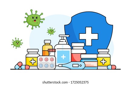 Medicines as a shield against viruses and diseases. The concept of protection against antibiotics. The idea of medical treatment and health care. Protection against the disease.