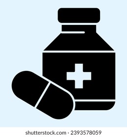 Medicines solid icon. Medicine bottle with cross sign and drugs pill. Health care vector design concept, glyph style pictogram on white background, use for web and app. Eps 10