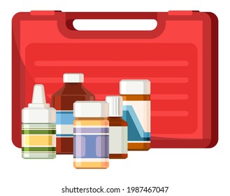 Medicines. Still life with bottles. Medicinal drugs. Pharmaceuticals. First aid box. Pharmacy. Isolated on white background. Illustration flat design. Vector