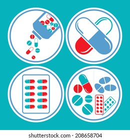 Medicines - tablet, pill & capsule icon set in blue & red theme