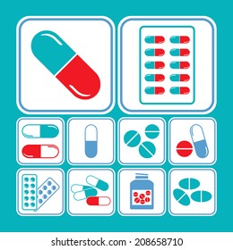 Medicines - tablet, pill & capsule icon set in blue & red theme