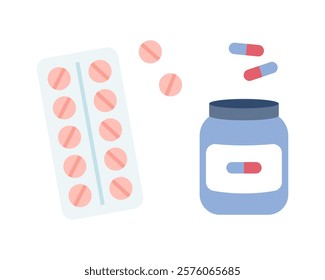 Medicines. Tablets and capsules in a jar and package. Illustration in cartoon flat style.