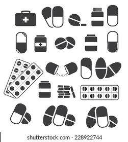 Medicines and tablets, pills capsules medical. Vector set of black icons