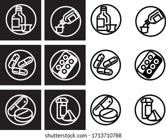 Medicines, tablets, syrups, capsules. Transparent icons, color and black and white.