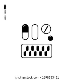 Medicines - tablets, vaccines, capsules - vector icon on white background. Symbol for web, infographics, print design and mobile UX/UI kit. Vector illustration, EPS10.