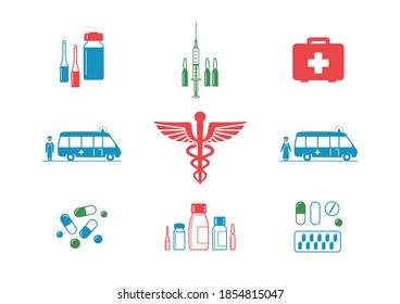 Medicines - tablets, vaccines, capsules - vector set. Symbol for web, infographics, print design and mobile UX/UI kit. Vector illustration, EPS10.