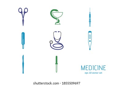 Medicines - tablets, vaccines, capsules - vector set. Symbol for web, infographics, print design and mobile UX/UI kit. Vector illustration, EPS10.