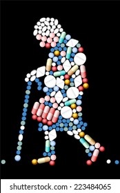 Medicines that shape the silhouette of an old woman. Isolated vector illustration on black background.