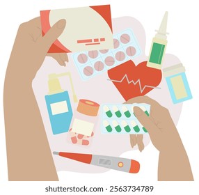 Medicines for treating diseases. Healthcare. Medical equipment for use at home. Vector illustration.