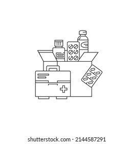 Medicines. Volunteering. Humanitarian Aid, Charity. Vector, Linear Icon.