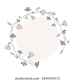 Medick, shamrock flowers and leaves round frame. Clover isolated wreath, decorative border with empty space. Vector illustration.