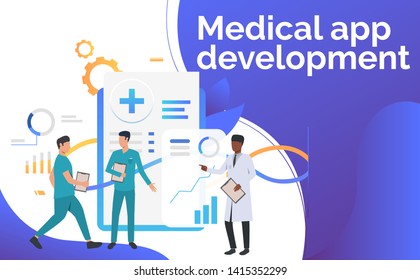 Medics analyzing medical statistics vector illustration. Medical research, analysis, healthcare. Medical app development. Creative design for presentations, templates, banners
