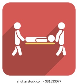 Medics Carry The Patient long shadow vector icon. Style is a flat symbol on a red rounded square button.