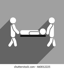Medics Carry the Patient long shadow vector icon. Style is a flat medics carry the patient black and white iconic symbol on a gray square background.