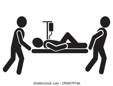 Medics carry a stretcher with the patient and infusion. Black silhouette, vector icon.