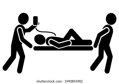 Medics carry a stretcher with the patient and infusion. Black silhouette, vector icon.