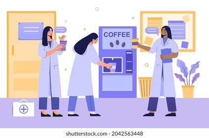 Medics on coffee break. Doctors and nurses buy cappuccino in special vending machine. Women in white coats rest after receiving patients. Cartoon flat vector illustration isolated on white background