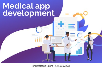 Medics Working With Computer And Charts Vector Illustration. Medical Data, Statistics, Healthcare Technology. Medical App Development. Creative Design For Presentations, Templates, Banners