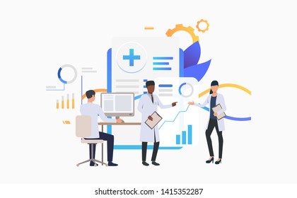 Medics Working Over Charts Vector Illustration. Medical Research, Medical Development, Modern Clinic. Healthcare Concept. Creative Design For Layouts, Web Pages, Banners