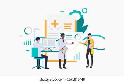 Medics working over charts vector illustration. Medical research, medical development, modern clinic. Healthcare concept. Creative design for layouts, web pages, banners