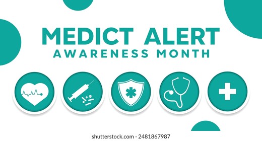 Medict Alert Awareness Month. Heart, syringe, shield and more. Great for cards, banners, posters, social media and more. White background.