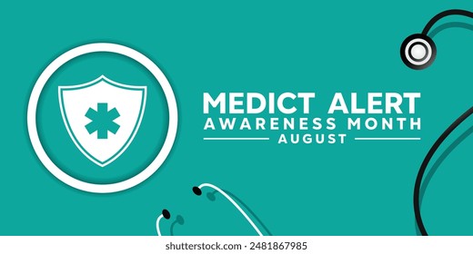 Medict Alert Awareness Month. Shield and stethoscope. Great for cards, banners, posters, social media and more. Green background. 