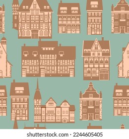 Medieaval Old city seamless pattern, flat style. Autumn landscape city architecture